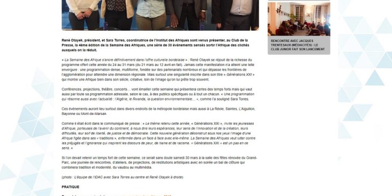 "4ème Semaine des Afriques : « contre les préjugés et l'ignorance »" dans le Club de la Presse de Bordeaux